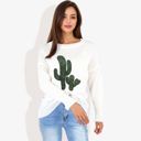 White Large Long Sleeve Knit Sweater with Cactus Embroidery