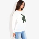 White Large Long Sleeve Knit Sweater with Cactus Embroidery