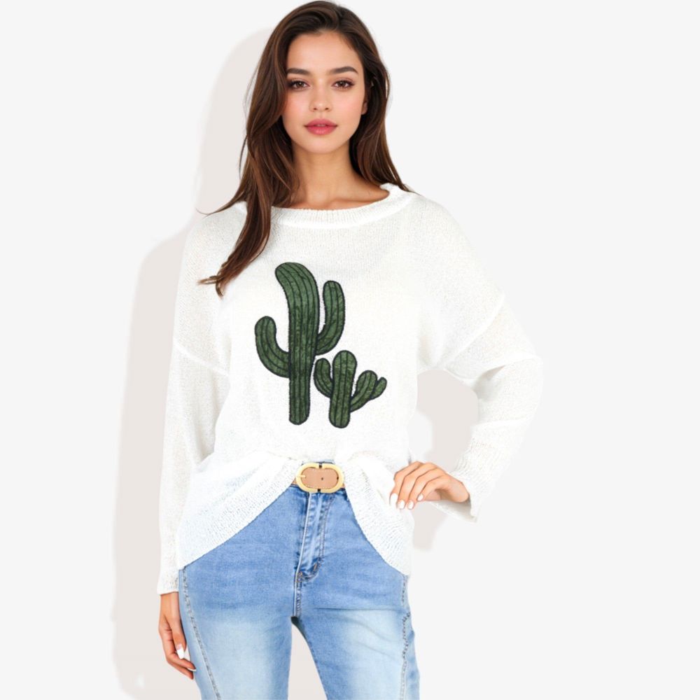 Long Sleeve Knit Sweater with Cactus Embroidery