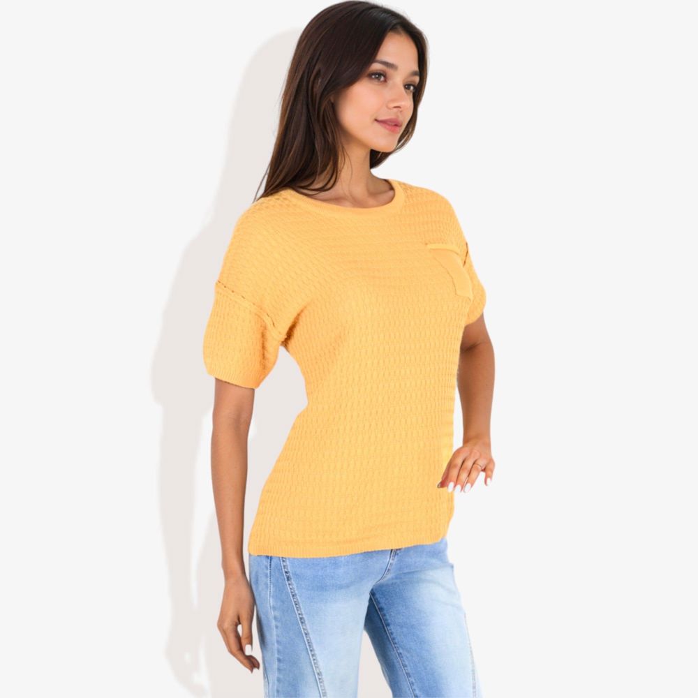 Short Sleeve Waffle Knit Top with Chest Pocket