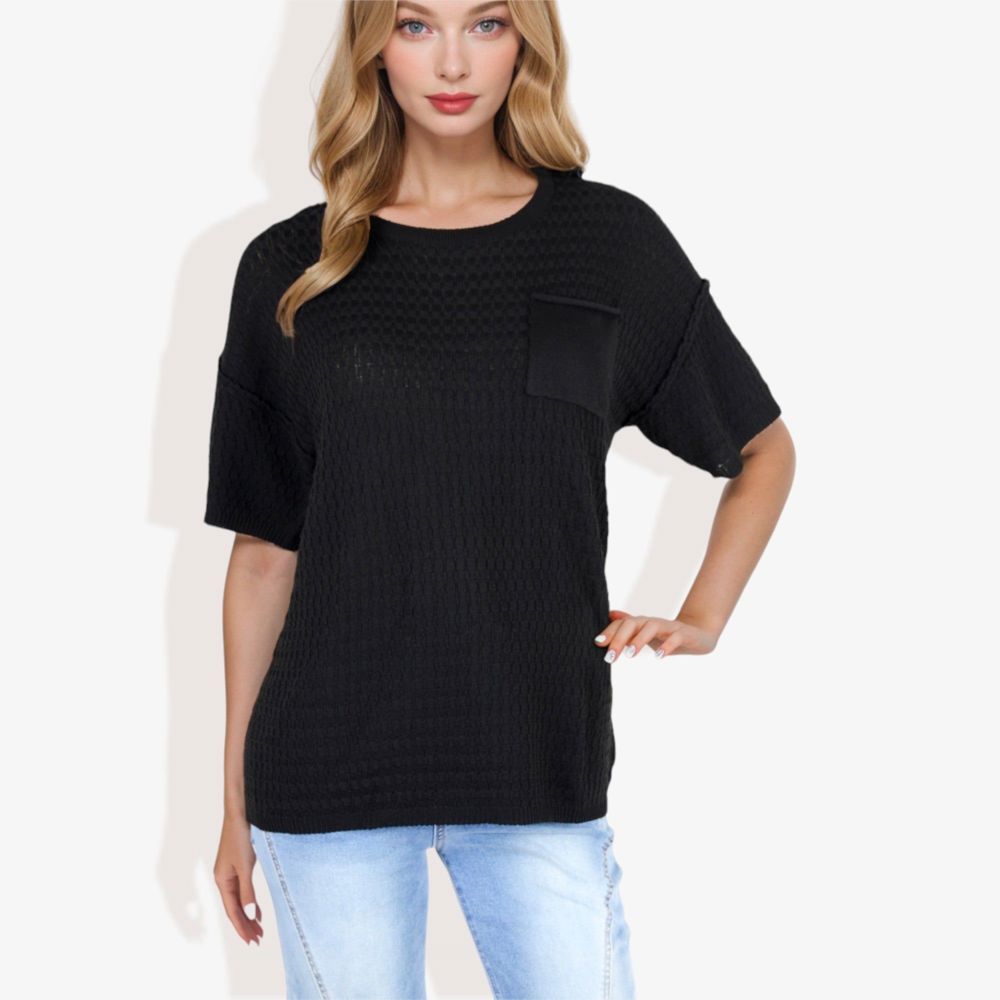 Short Sleeve Waffle Knit Top with Chest Pocket