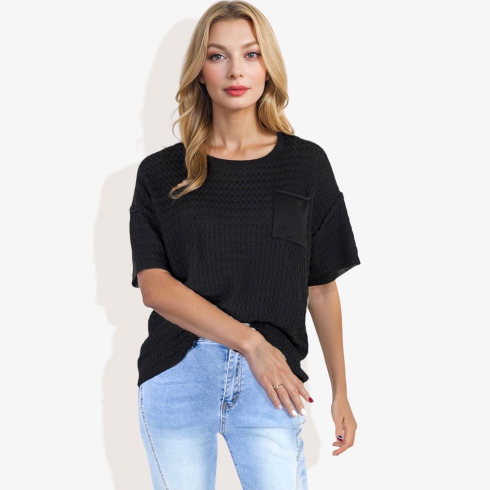 Short Sleeve Waffle Knit Top with Chest Pocket