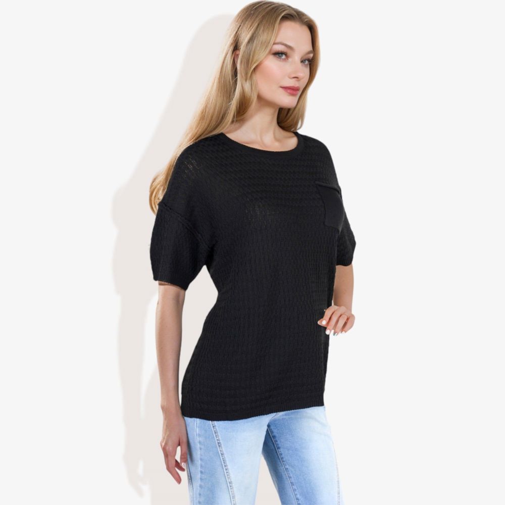 Short Sleeve Waffle Knit Top with Chest Pocket