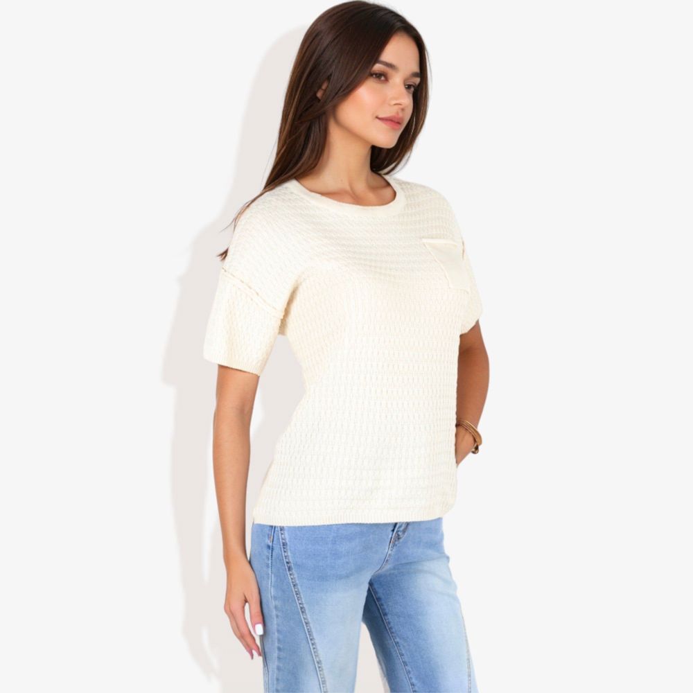 Short Sleeve Waffle Knit Top with Chest Pocket