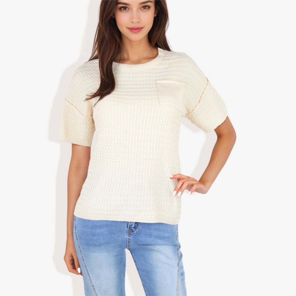 Short Sleeve Waffle Knit Top with Chest Pocket