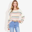  Long Sleeve Striped Knit Sweater with Boat Neckline