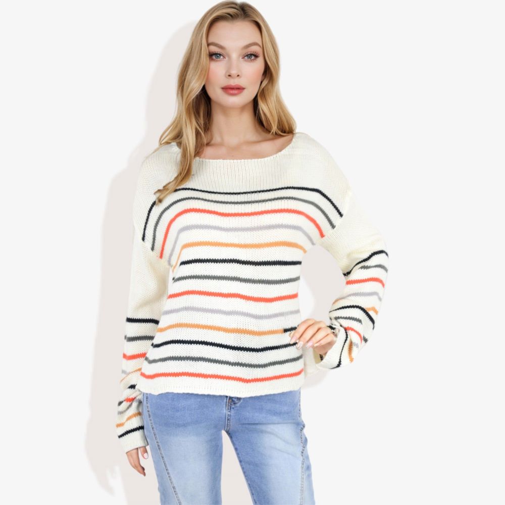 Long Sleeve Striped Knit Sweater with Boat Neckline