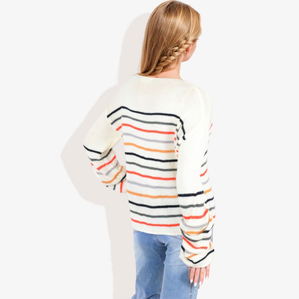 Long Sleeve Striped Knit Sweater with Boat Neckline