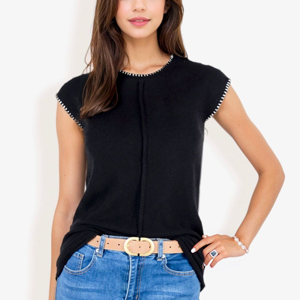 Cap Sleeve Knit Sweater With Contrast Trim Stitching