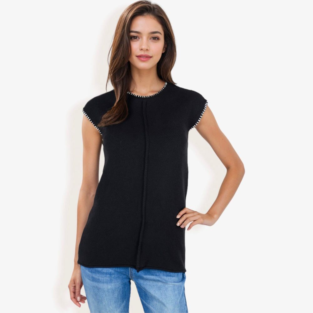 Cap Sleeve Knit Sweater With Contrast Trim Stitching