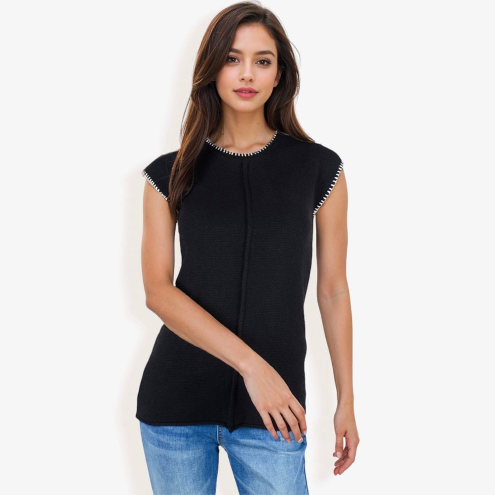 Cap Sleeve Knit Sweater With Contrast Trim Stitching