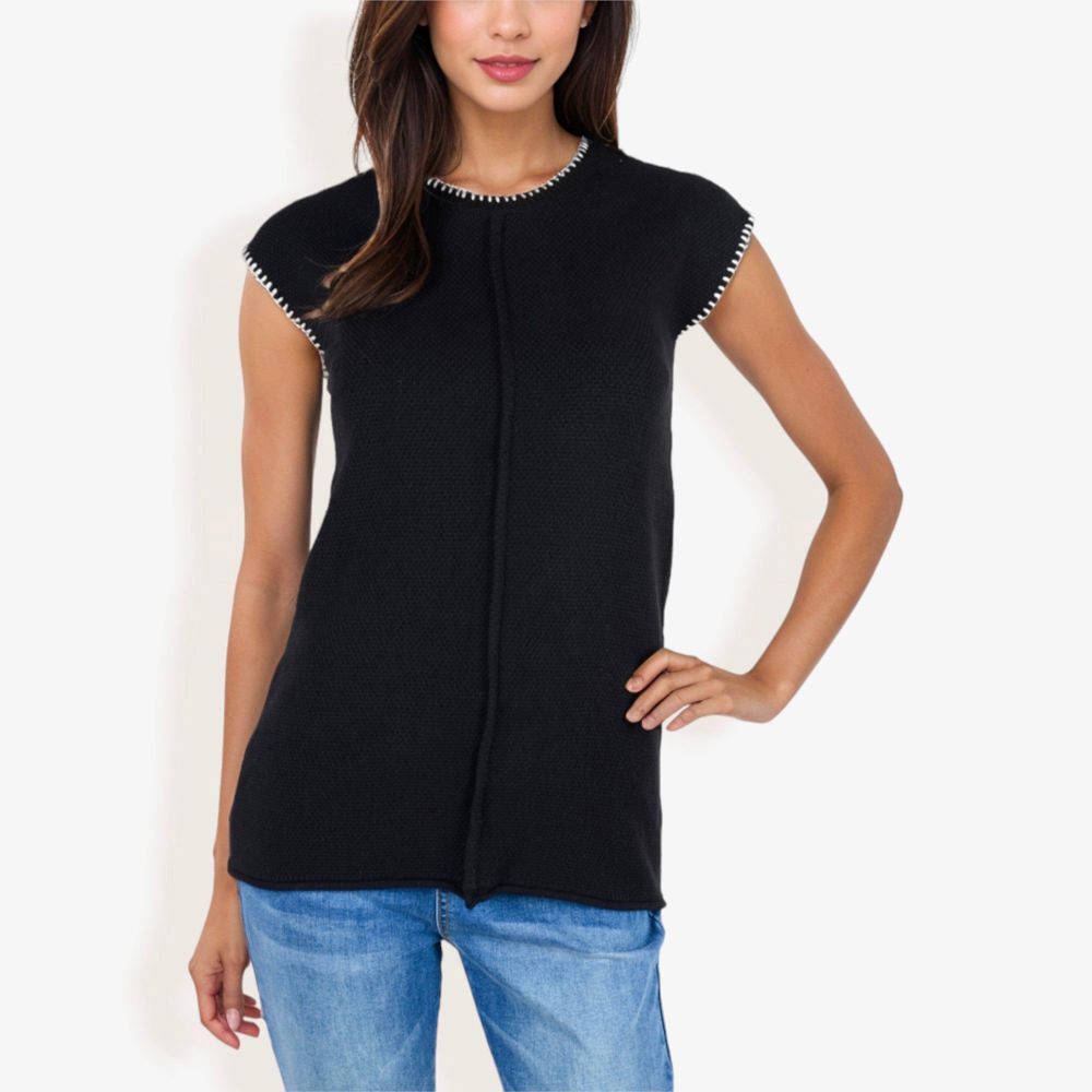 Cap Sleeve Knit Sweater With Contrast Trim Stitching