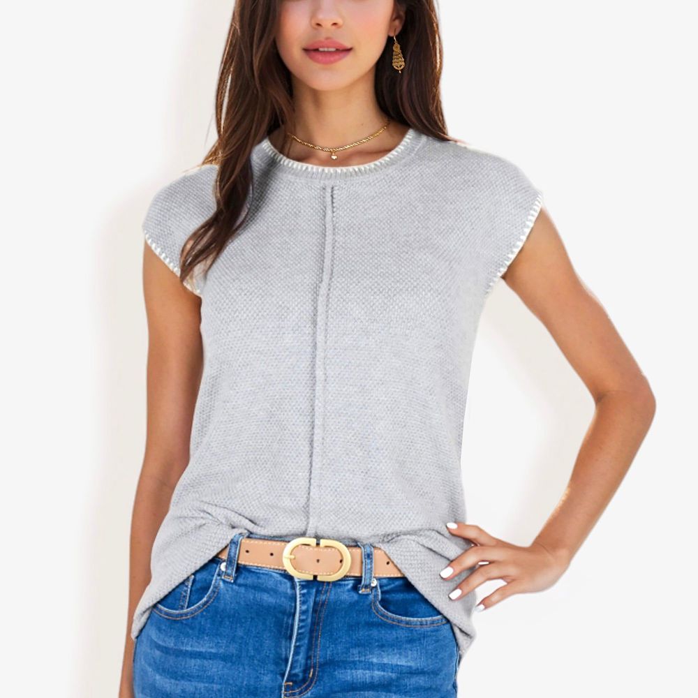 Cap Sleeve Knit Sweater With Contrast Trim Stitching