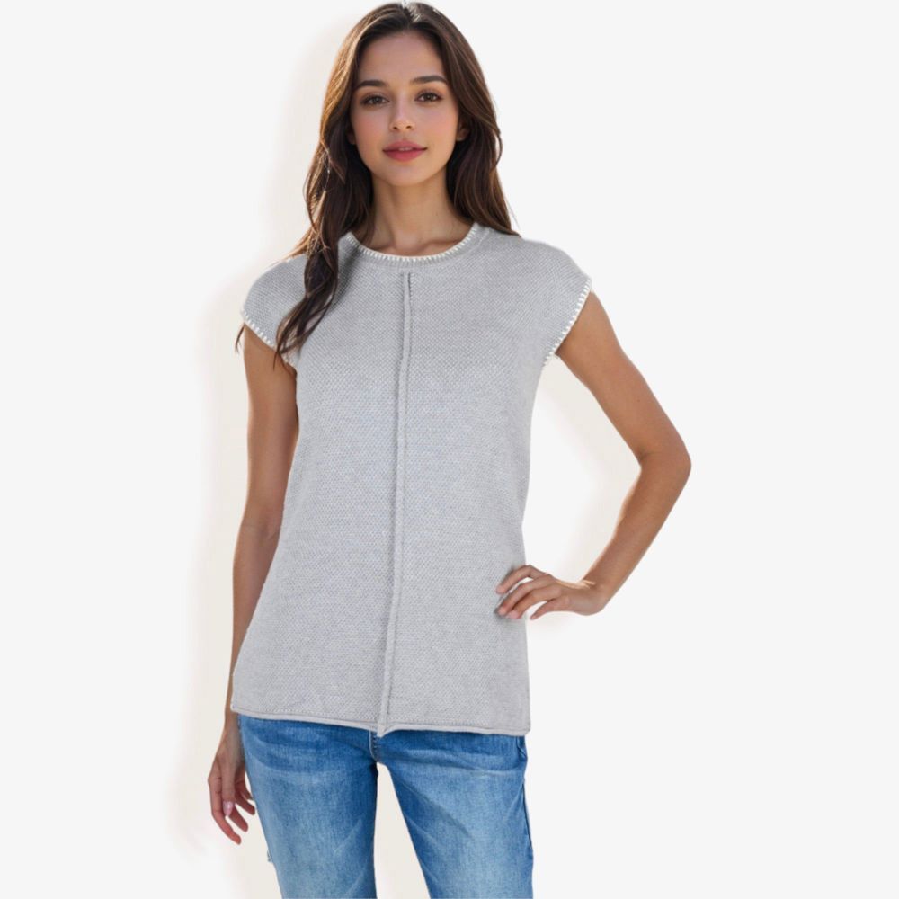 Cap Sleeve Knit Sweater With Contrast Trim Stitching