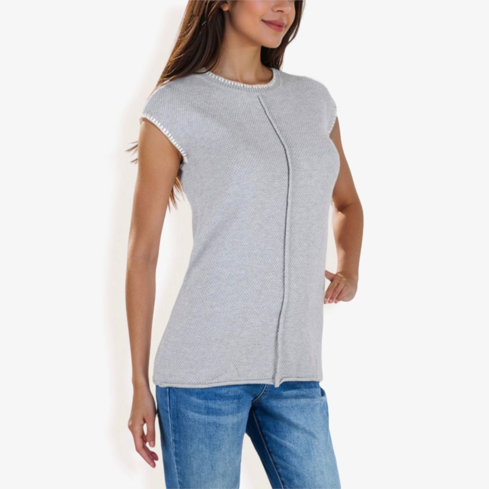 Cap Sleeve Knit Sweater With Contrast Trim Stitching