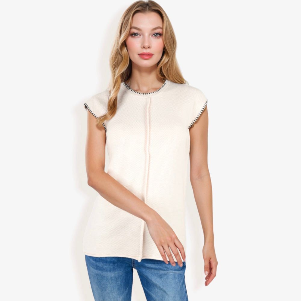 Cap Sleeve Knit Sweater With Contrast Trim Stitching