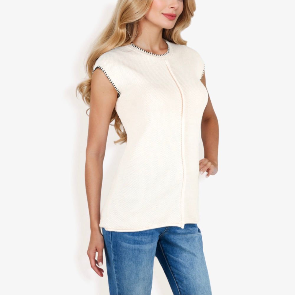 Cap Sleeve Knit Sweater With Contrast Trim Stitching