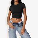 Black Large Short Sleeve Crop Top with Stretch Fit and Crew Neck Design