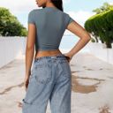 Blue Medium Short Sleeve Crop Top with Stretch Fit and Crew Neck Design