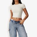 Beige Large Short Sleeve Crop Top with Stretch Fit and Crew Neck Design