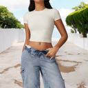 Beige Large Short Sleeve Crop Top with Stretch Fit and Crew Neck Design