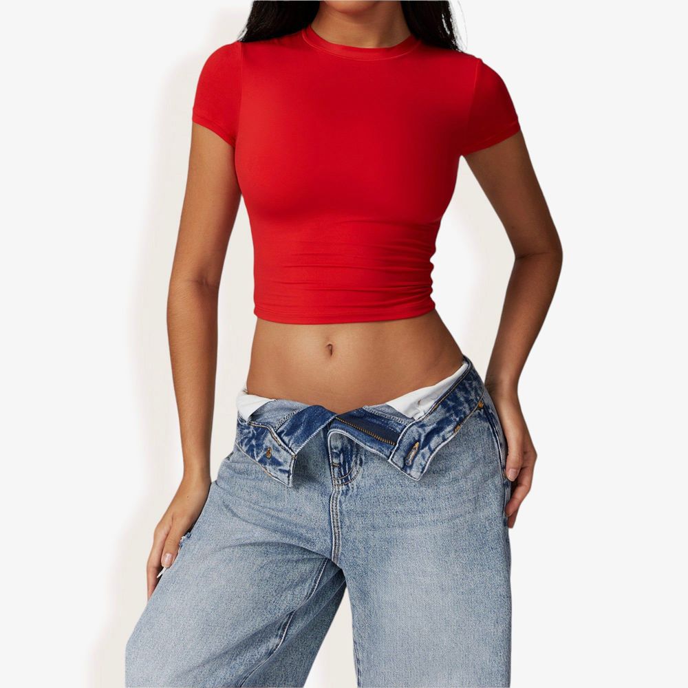 Short Sleeve Crop Top with Stretch Fit and Crew Neck Design