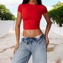 Red Large Short Sleeve Crop Top with Stretch Fit and Crew Neck Design