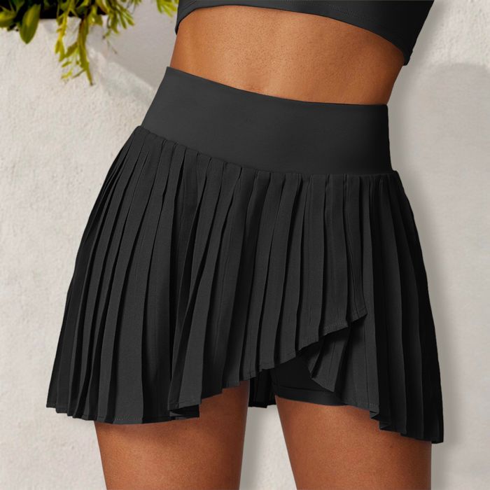 Women's High Waist Pleated Skort with Built-In Shorts and Asymmetrical Wrap Design
