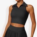 Black Medium Women's Sleeveless Polo Crop Top with Collared Neckline and Stretch Fabric