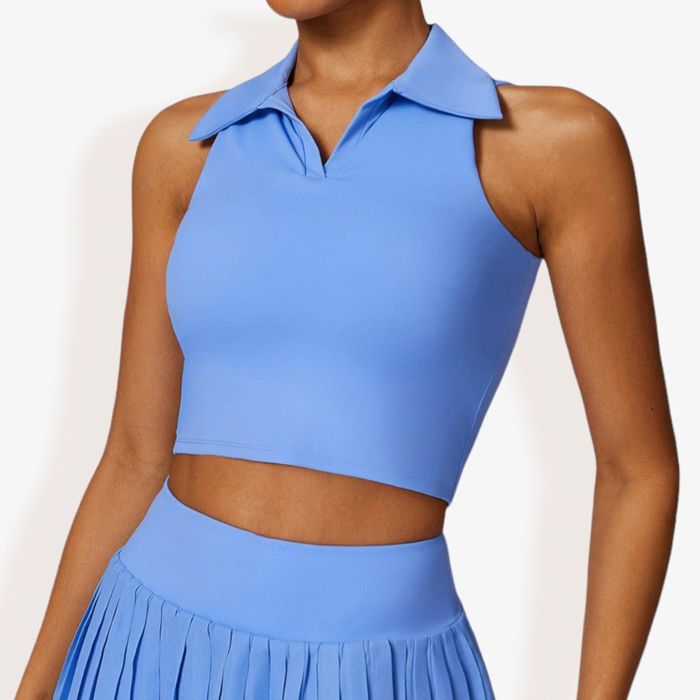 Women's Sleeveless Polo Crop Top with Collared Neckline and Stretch Fabric