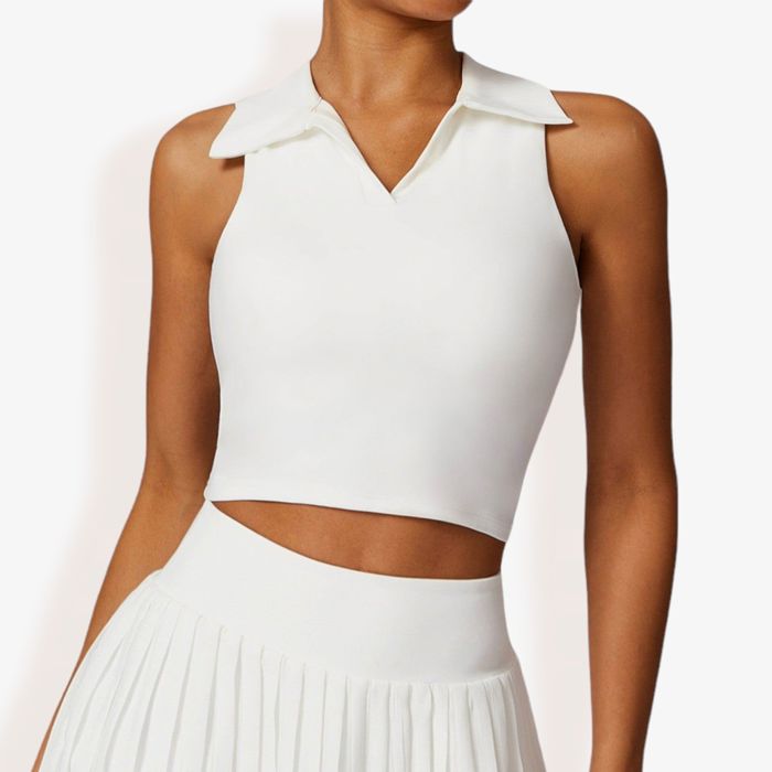 Women's Sleeveless Polo Crop Top with Collared Neckline and Stretch Fabric