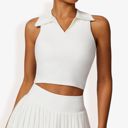 White Small Women's Sleeveless Polo Crop Top with Collared Neckline and Stretch Fabric