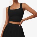 Black Large Women's Pleated Detail Square Neck Sports Bra with Wide Straps and Fitted Design