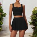 Black XL Women's Pleated Detail Square Neck Sports Bra with Wide Straps and Fitted Design