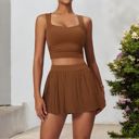 Brown Large Women's Pleated Detail Square Neck Sports Bra with Wide Straps and Fitted Design