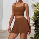 Brown Large Women's Pleated Detail Square Neck Sports Bra with Wide Straps and Fitted Design