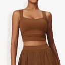 Brown Small Women's Pleated Detail Square Neck Sports Bra with Wide Straps and Fitted Design
