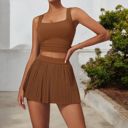 Brown XL Women's Pleated Detail Square Neck Sports Bra with Wide Straps and Fitted Design