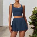 Blue Small Women's Pleated Detail Square Neck Sports Bra with Wide Straps and Fitted Design