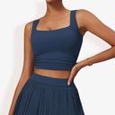 Blue XL Women's Pleated Detail Square Neck Sports Bra with Wide Straps and Fitted Design