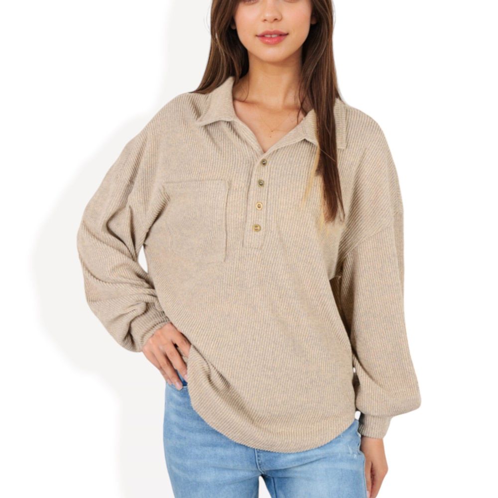 Long Sleeve Ribbed Pullover with Button-Up Collar and Chest Pocket