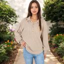 Beige Large Long Sleeve Ribbed Pullover with Button-Up Collar and Chest Pocket