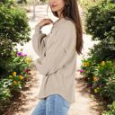 Beige Large Long Sleeve Ribbed Pullover with Button-Up Collar and Chest Pocket