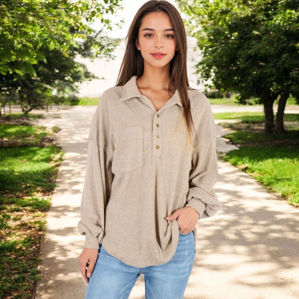 Long Sleeve Ribbed Pullover with Button-Up Collar and Chest Pocket