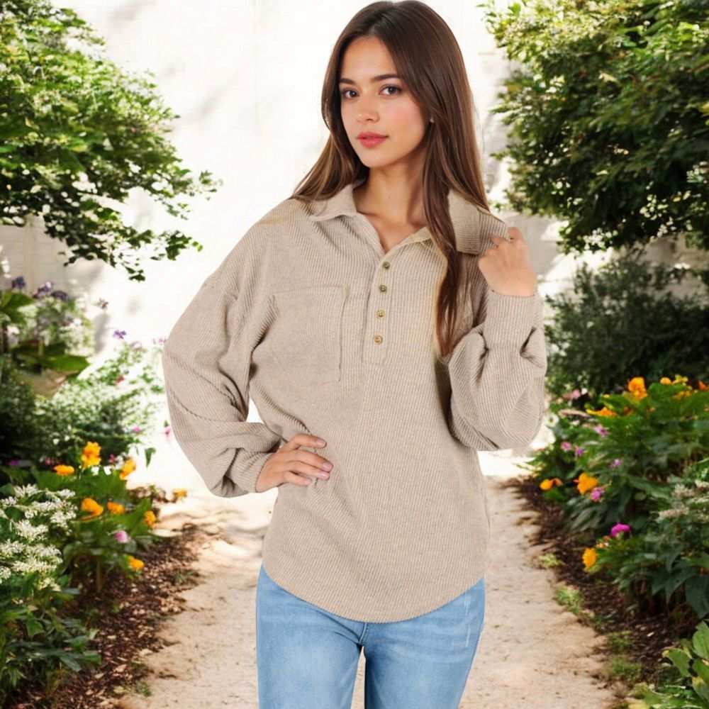 Long Sleeve Ribbed Pullover with Button-Up Collar and Chest Pocket