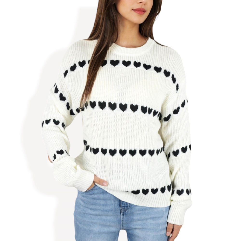 Long Sleeve Knit Sweater with Heart Pattern and Crew Neck