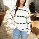  Long Sleeve Knit Sweater with Heart Pattern and Crew Neck