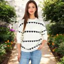 White Large Long Sleeve Knit Sweater with Heart Pattern and Crew Neck