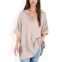 Beige Large Short Sleeve Knit Pullover with Quarter Zip Collar