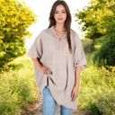 Beige Large Short Sleeve Knit Pullover with Quarter Zip Collar